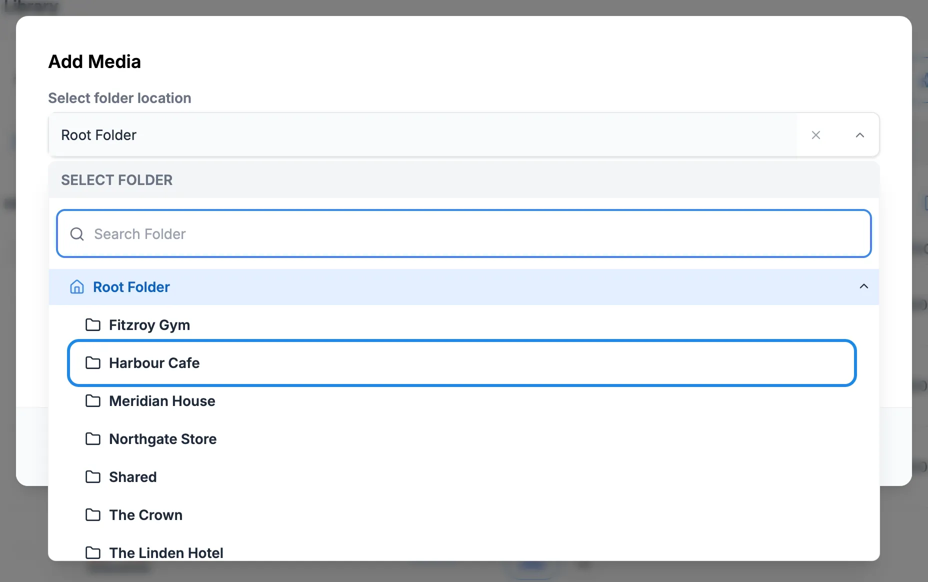 The Add Media window with the folder list open and Harbour Cafe highlighted