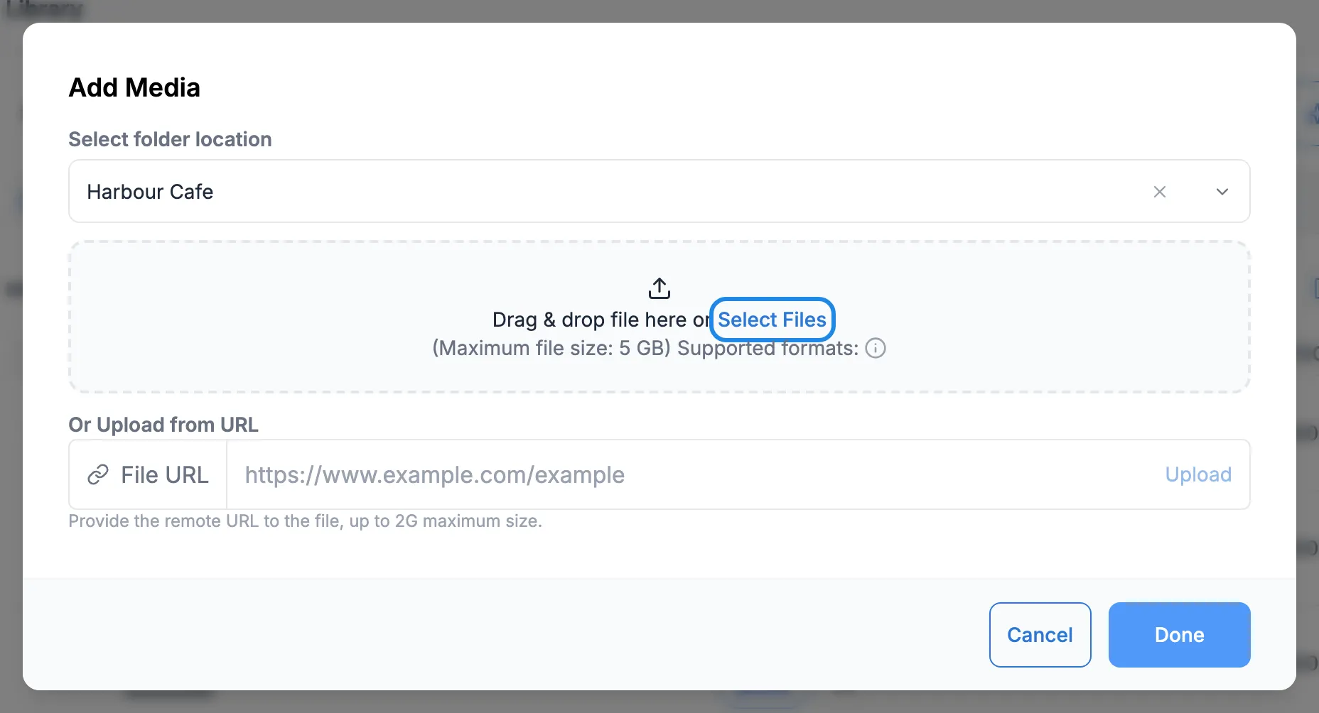 The Add Media window with the Select Files button highlighted