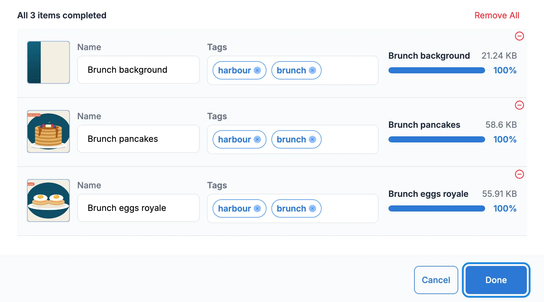 Three uploaded files, each with a name and the tags harbour and brunch, and the Done button highlighted