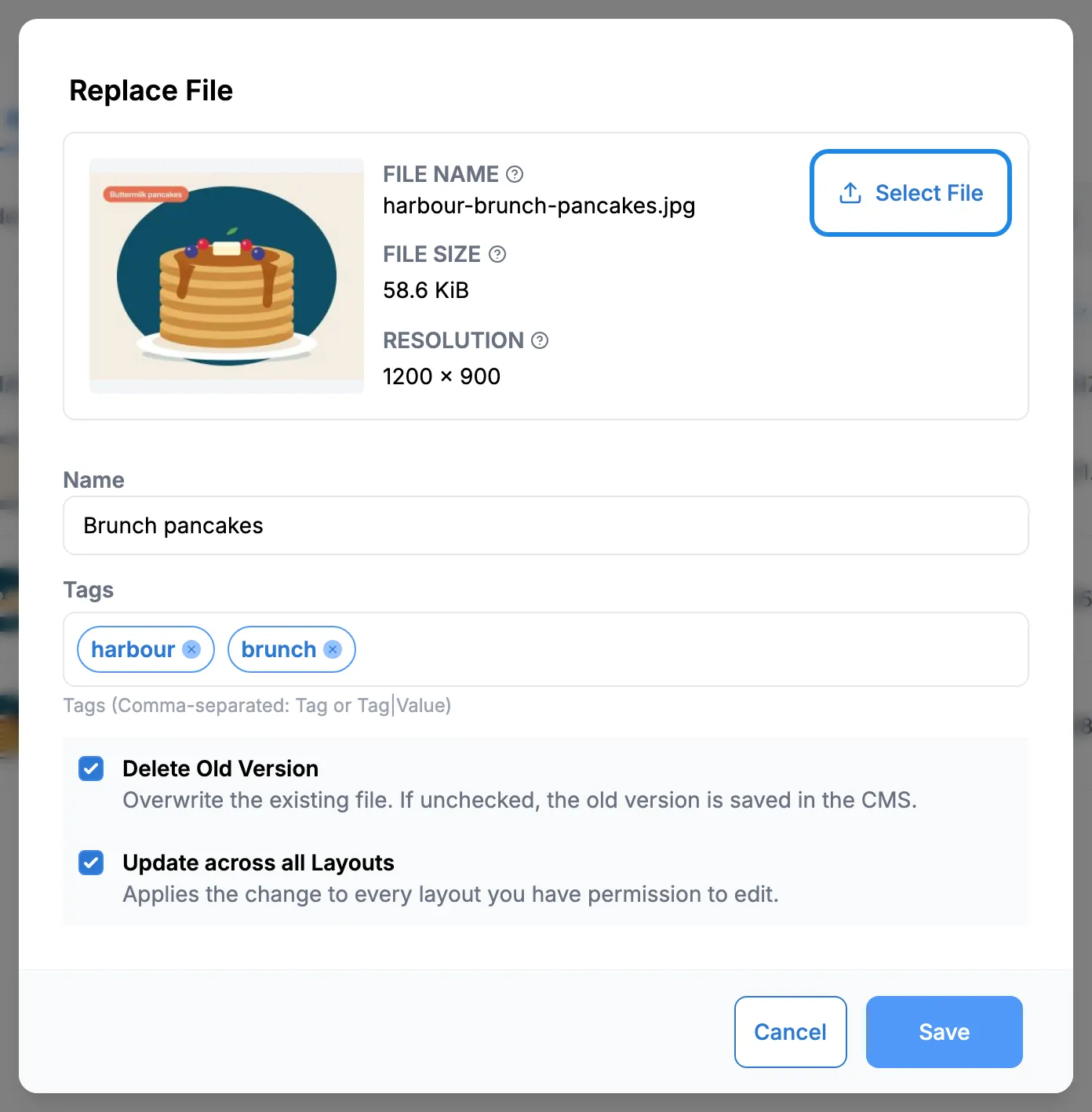 The Replace File window showing the current file, its name and tags, and the Select File button highlighted