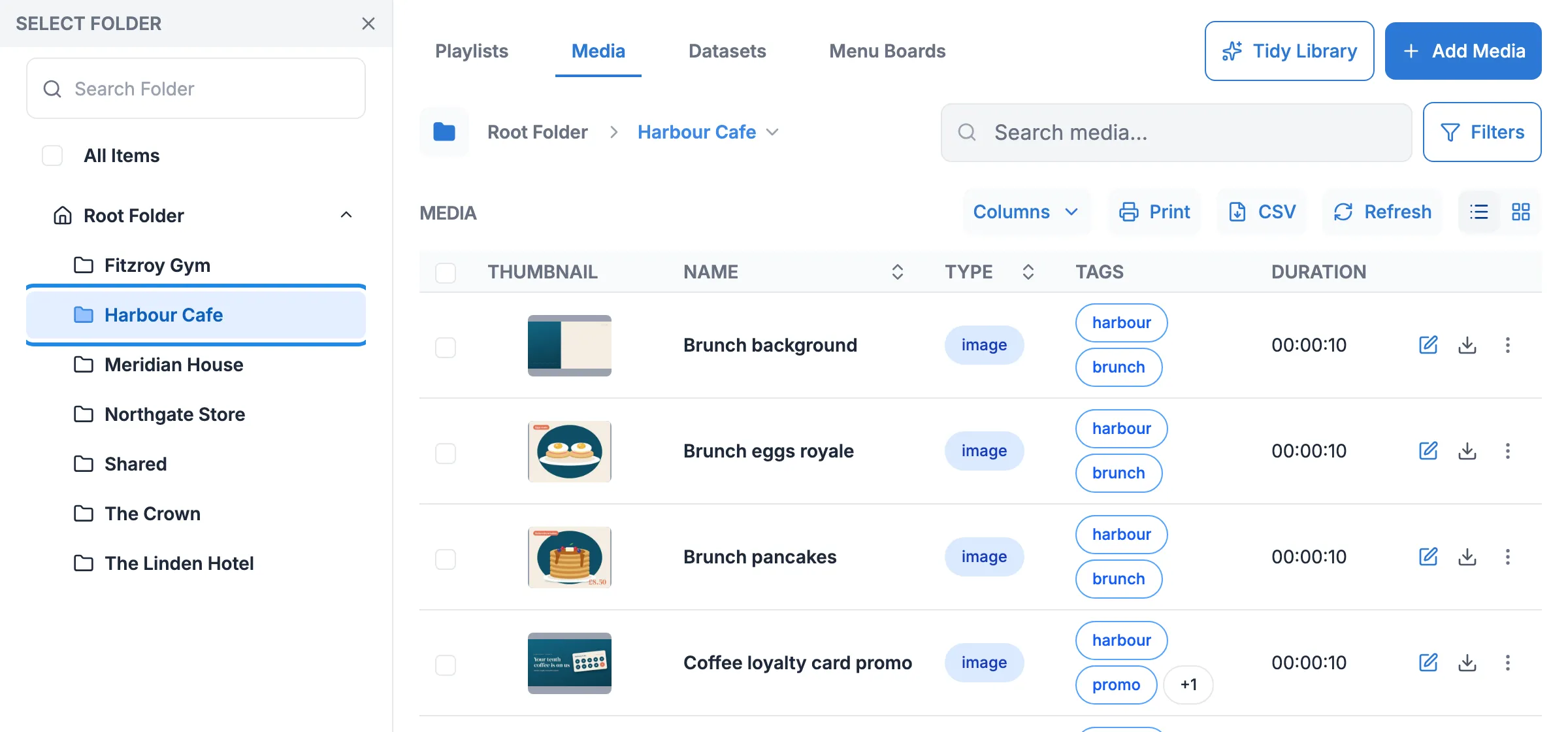 The folder tree open on the media page with the Harbour Cafe folder selected