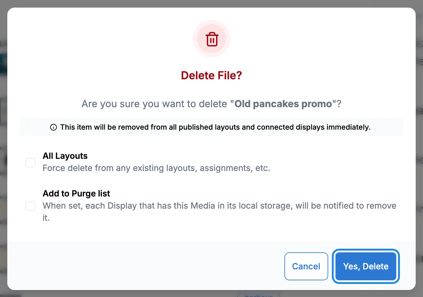 The Delete File window with the All Layouts and Add to Purge list options and the Yes, Delete button highlighted