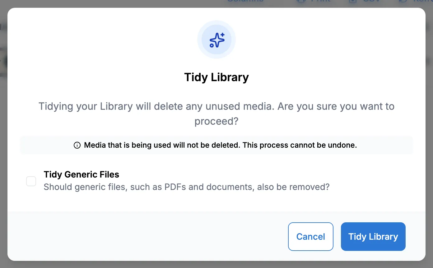 The Tidy Library window explaining that unused media will be deleted