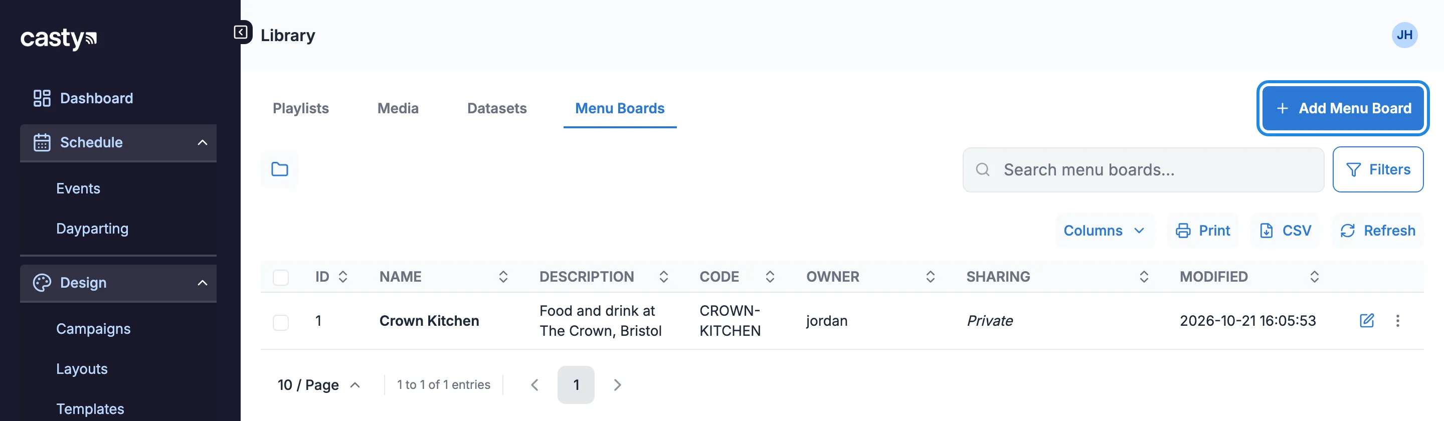 The Menu Boards page with the Add Menu Board button highlighted