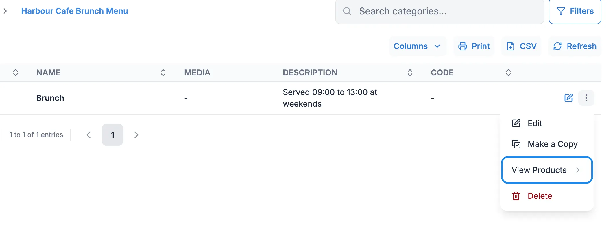 The More actions menu for the Brunch category with View Products highlighted