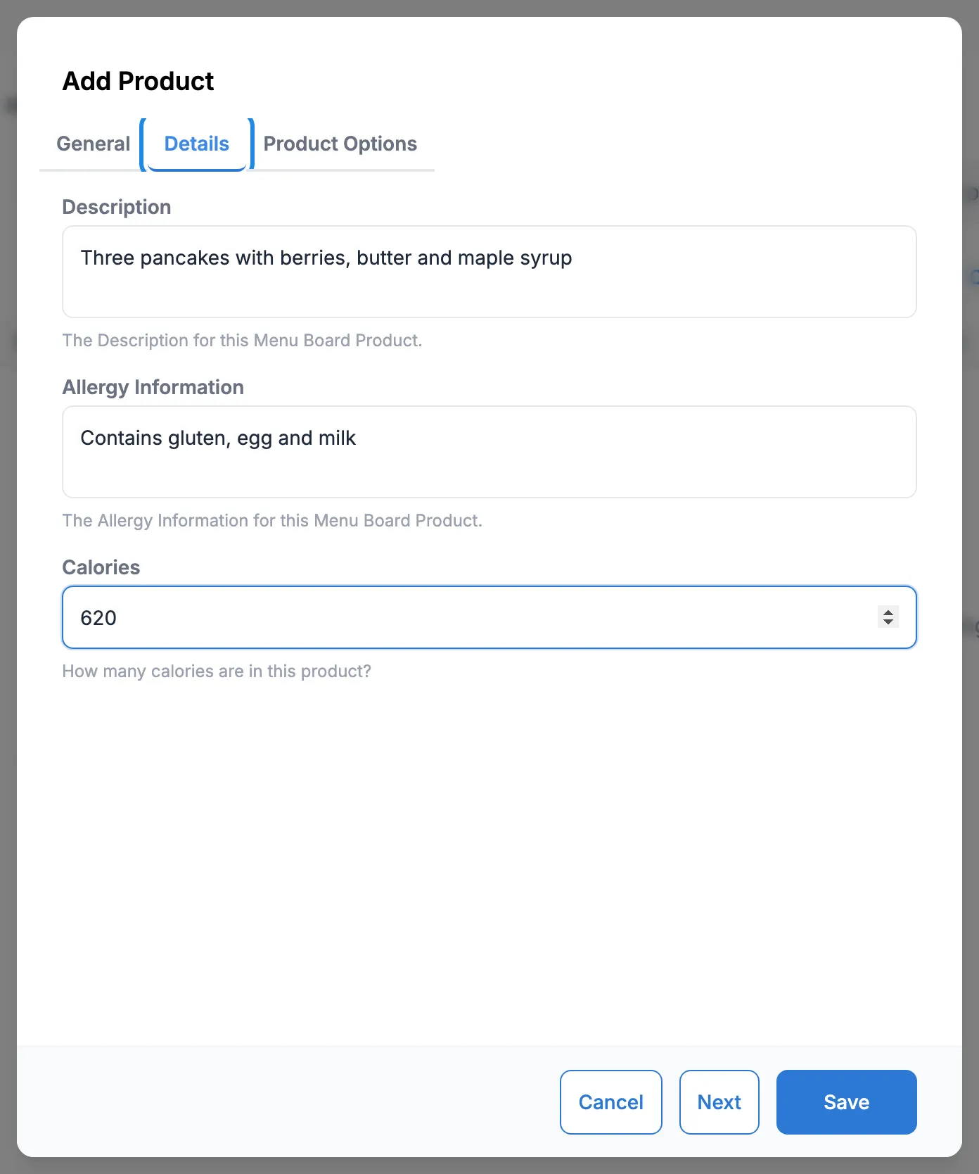 The Details tab with a description, allergy information and calories