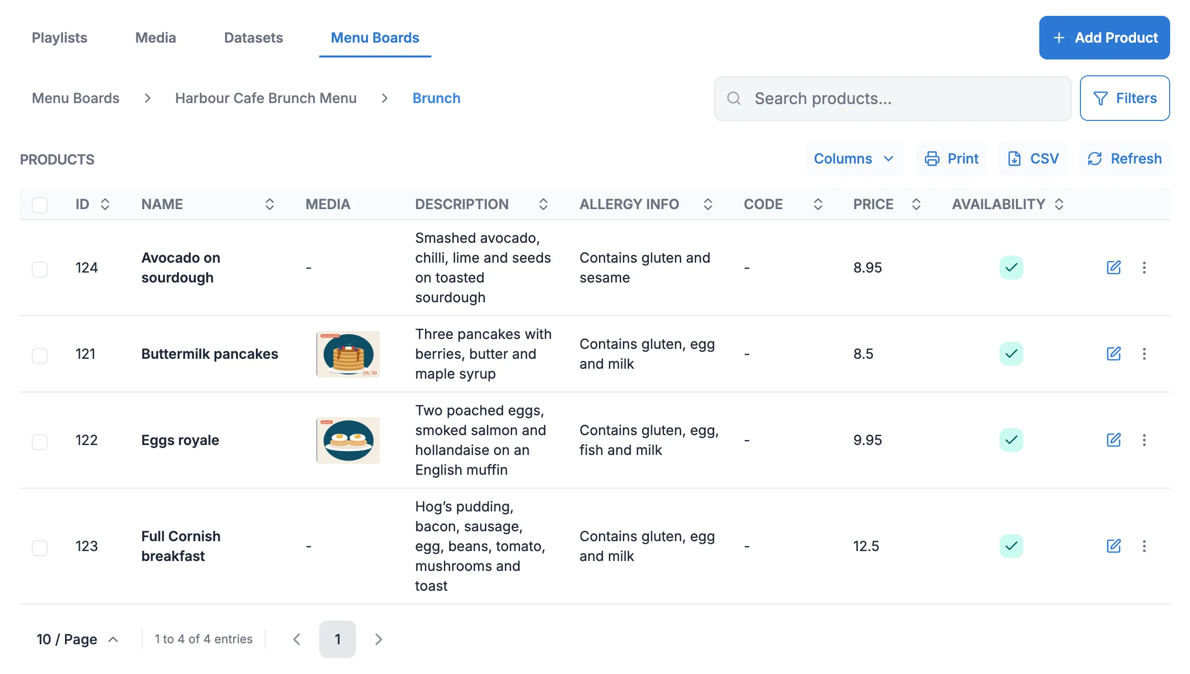 The Brunch category with four products, their prices and a tick in the Availability column