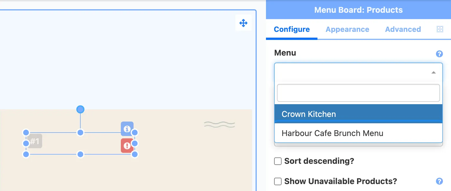 The Menu list open on the Configure tab, showing Crown Kitchen and Harbour Cafe Brunch Menu