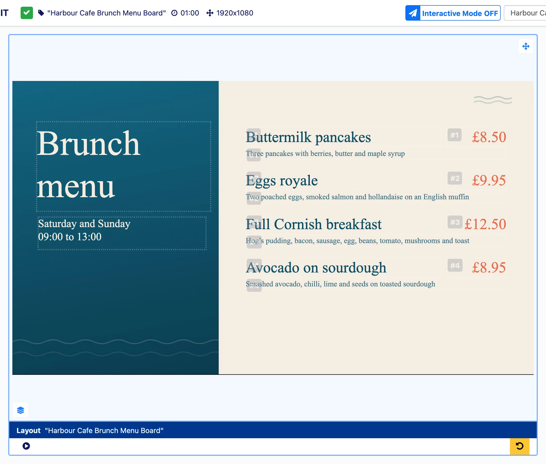 The menu layout in the editor with four products, their prices and descriptions