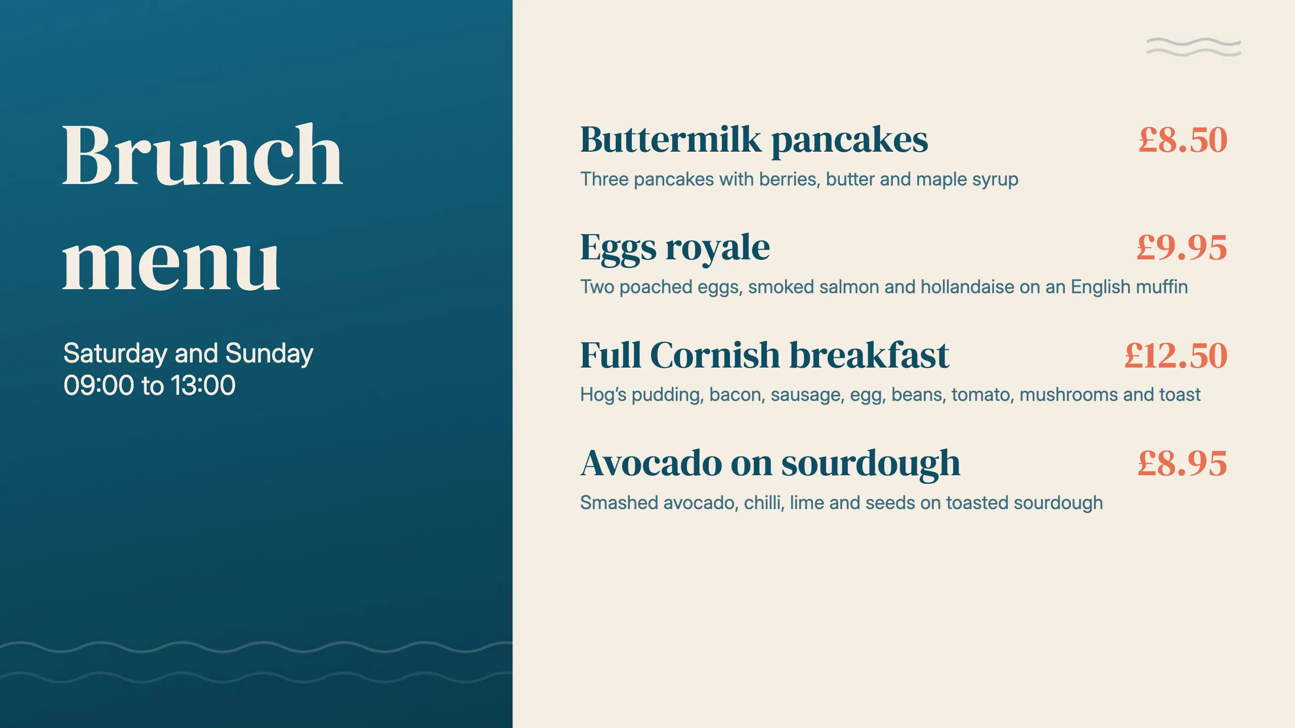 The finished brunch menu screen with four dishes and their prices