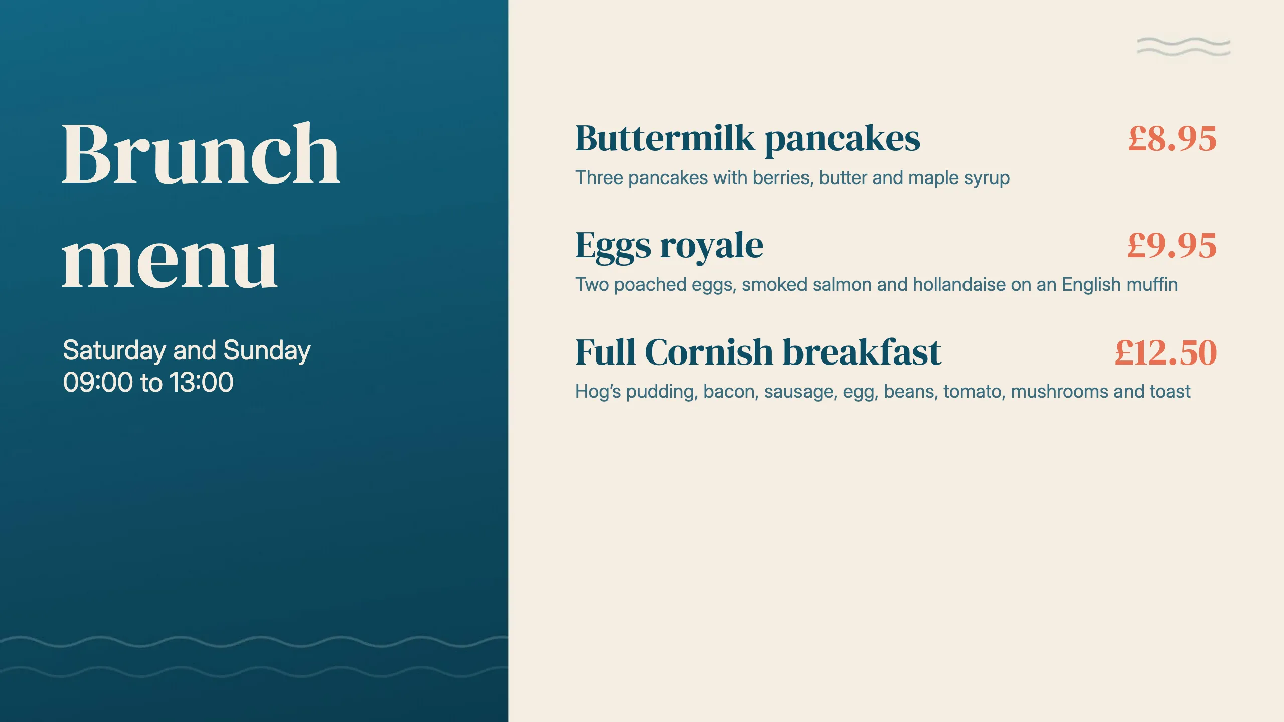 The brunch menu after the changes: pancakes at £8.95 and the avocado dish gone