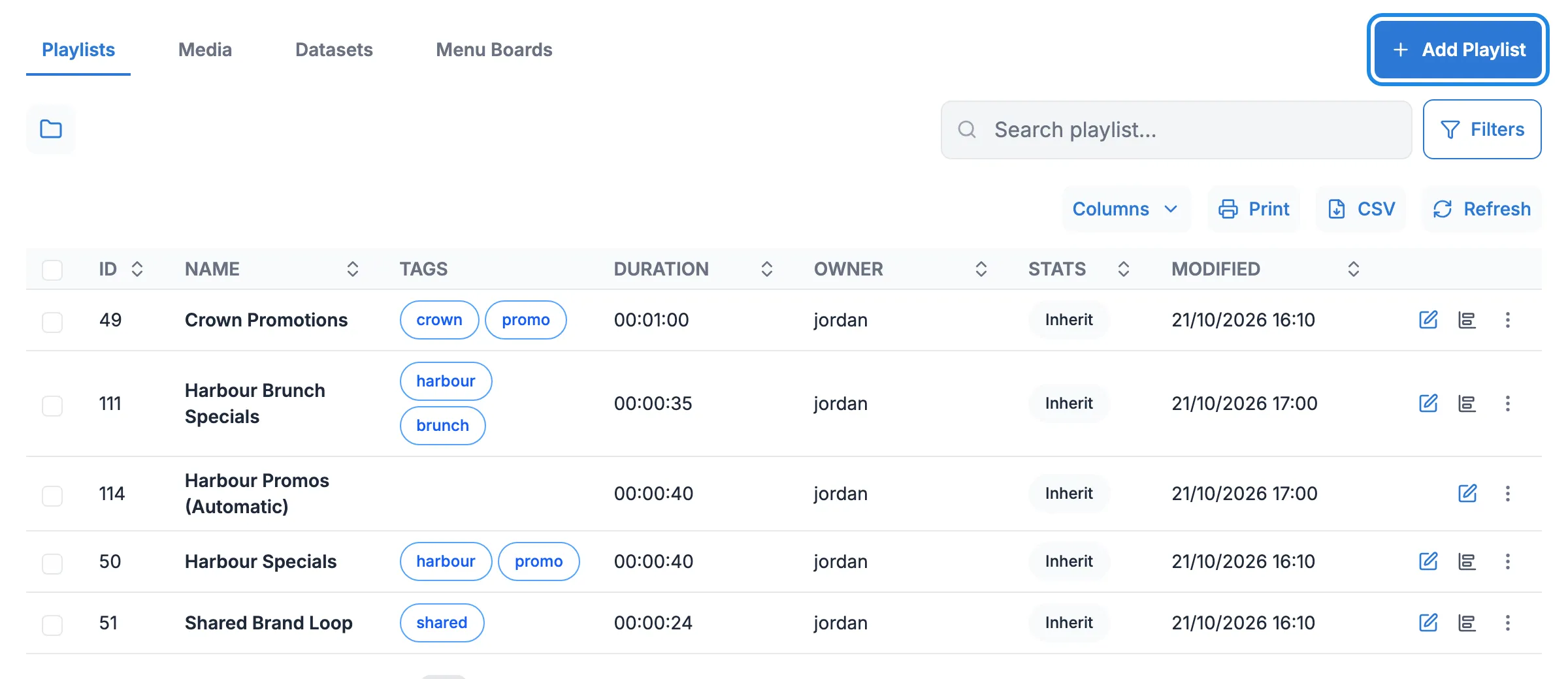 The Playlists page with the Add Playlist button highlighted