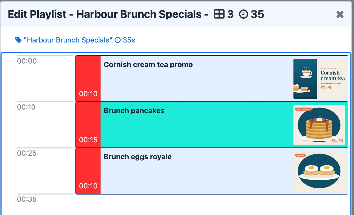 The playlist with Cornish cream tea promo first, then Brunch pancakes and Brunch eggs royale