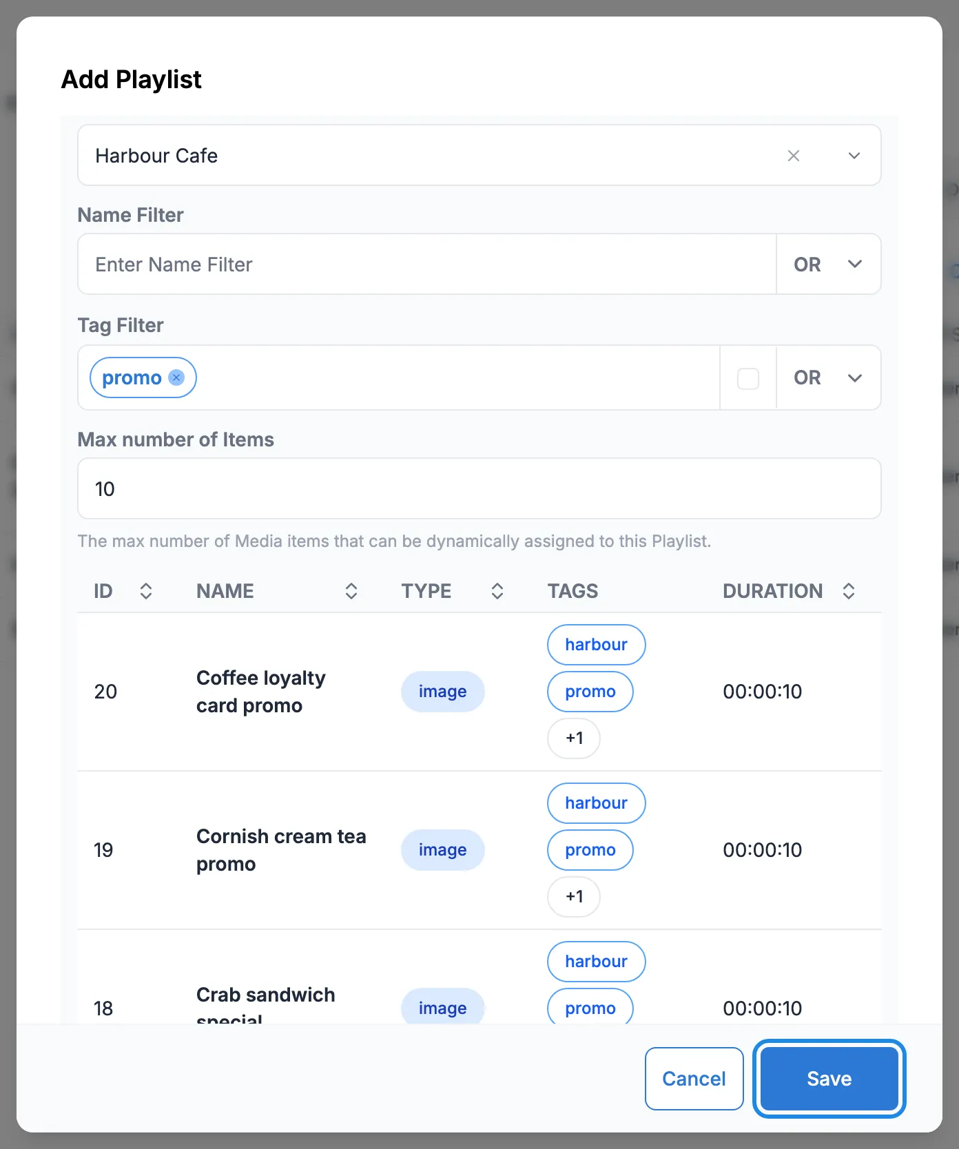 The Add Playlist window with Dynamic Playlist ticked, the Harbour Cafe folder, the tag filter promo, a maximum of 10 items, and the matching media listed