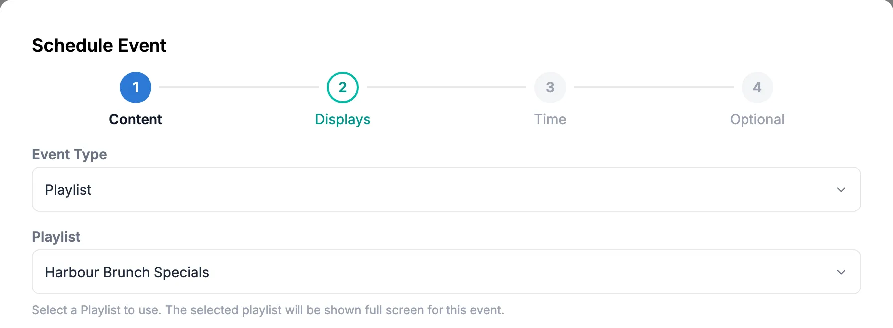 The first step of Schedule Event, with Event Type set to Playlist and Harbour Brunch Specials chosen