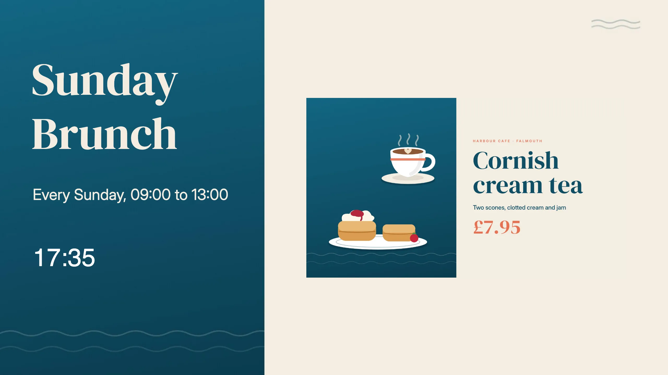 The Sunday Brunch layout with the playlist area showing the Cornish cream tea promotion