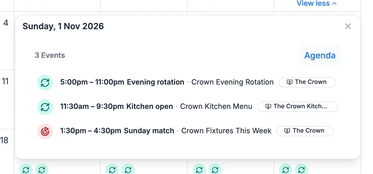 The events for Sunday 1 November, including Sunday match from 1 to 4 with a red priority icon