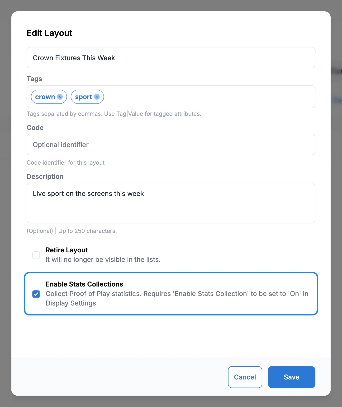 The Edit Layout window with Enable Stats Collections ticked
