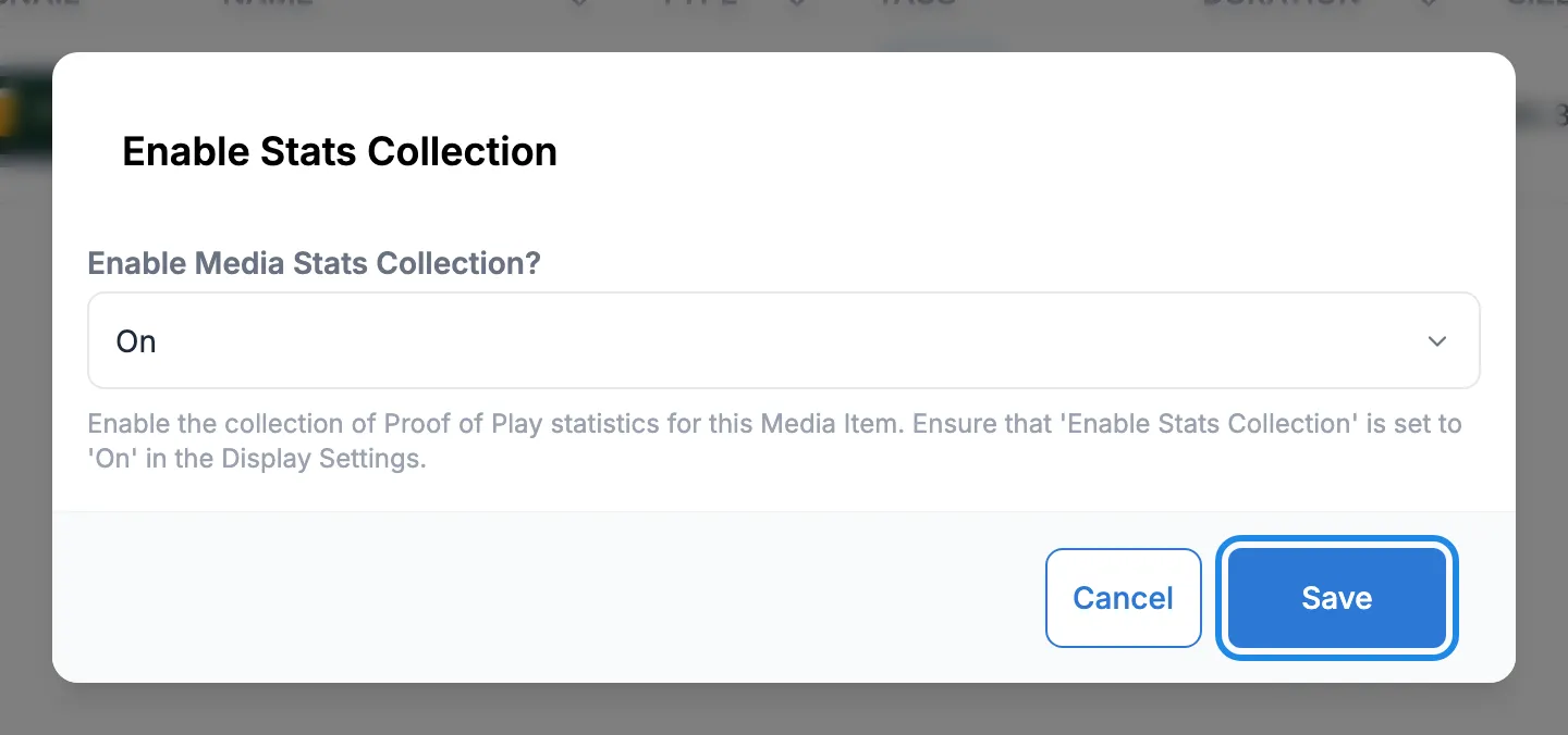 The Enable Stats Collection window with the setting On and Save outlined