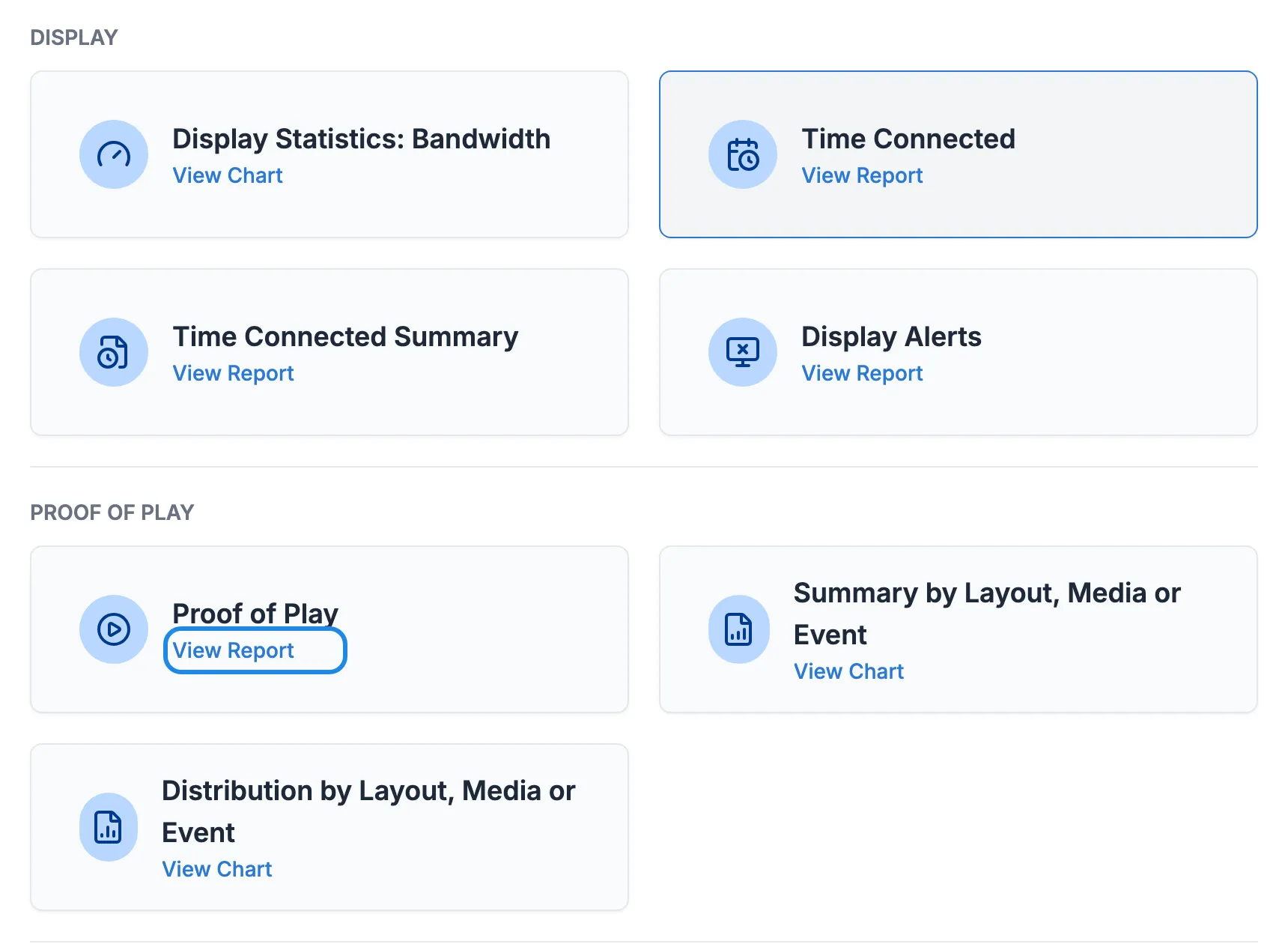 The All Reports page with the View Report link on the Proof of Play card outlined