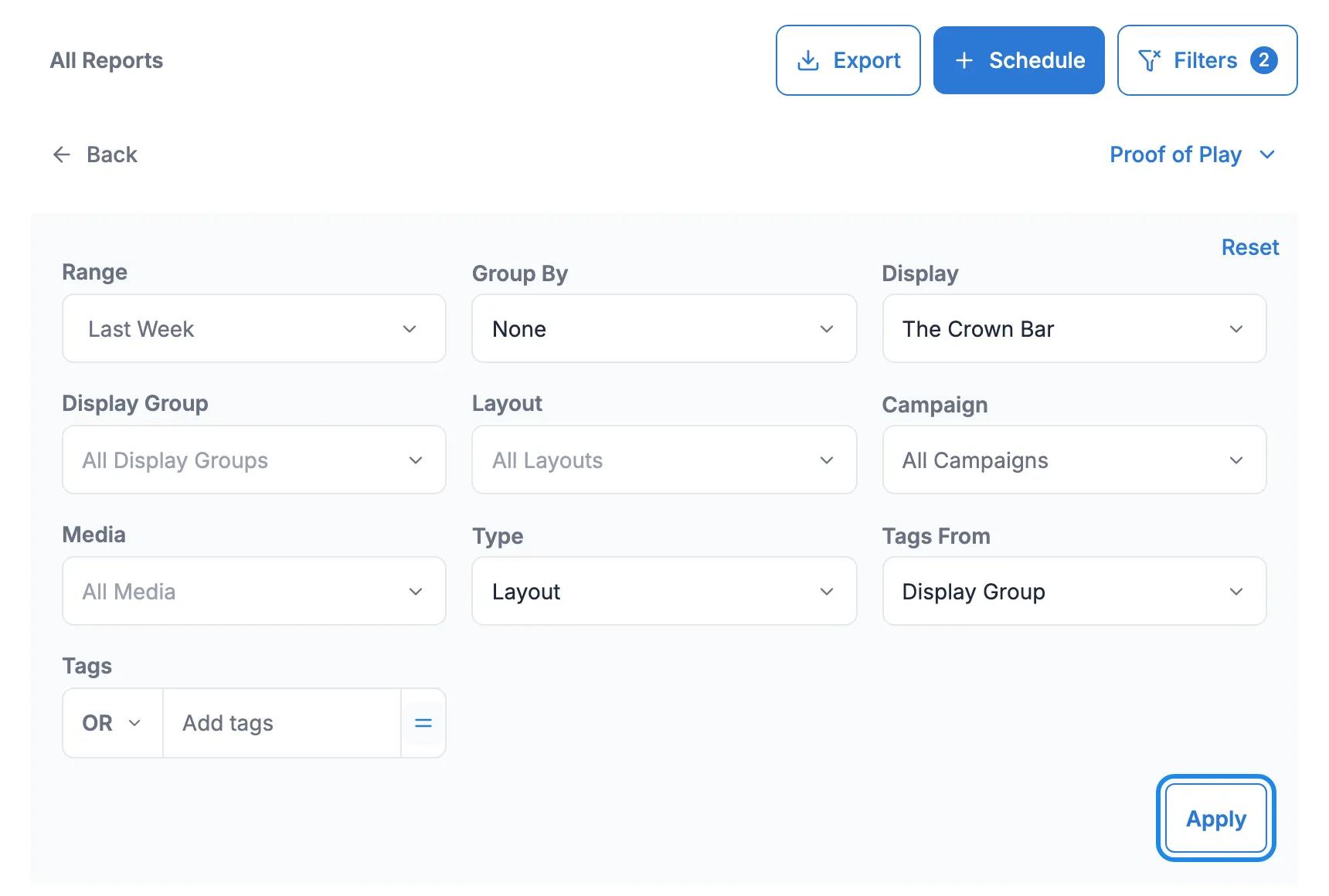 The Proof of Play filters set to Last Week, The Crown Bar and Layout, with Apply outlined