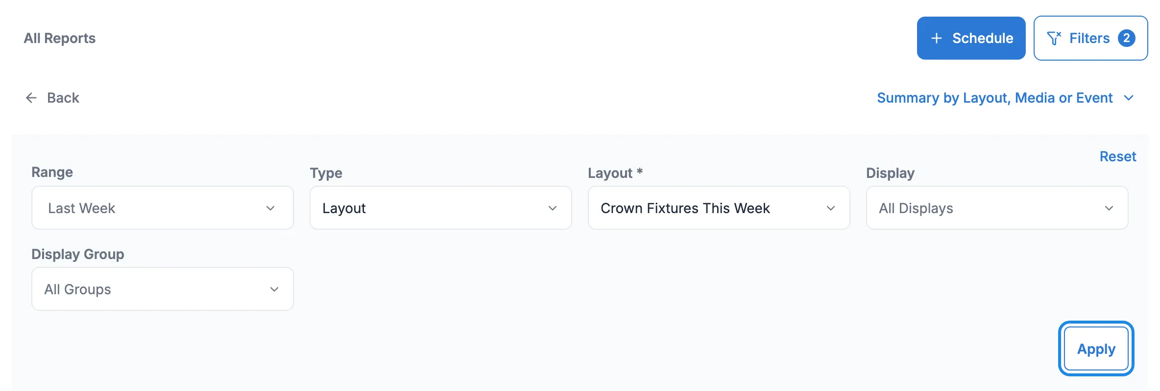 The Summary filters with Last Week, Layout and Crown Fixtures This Week chosen