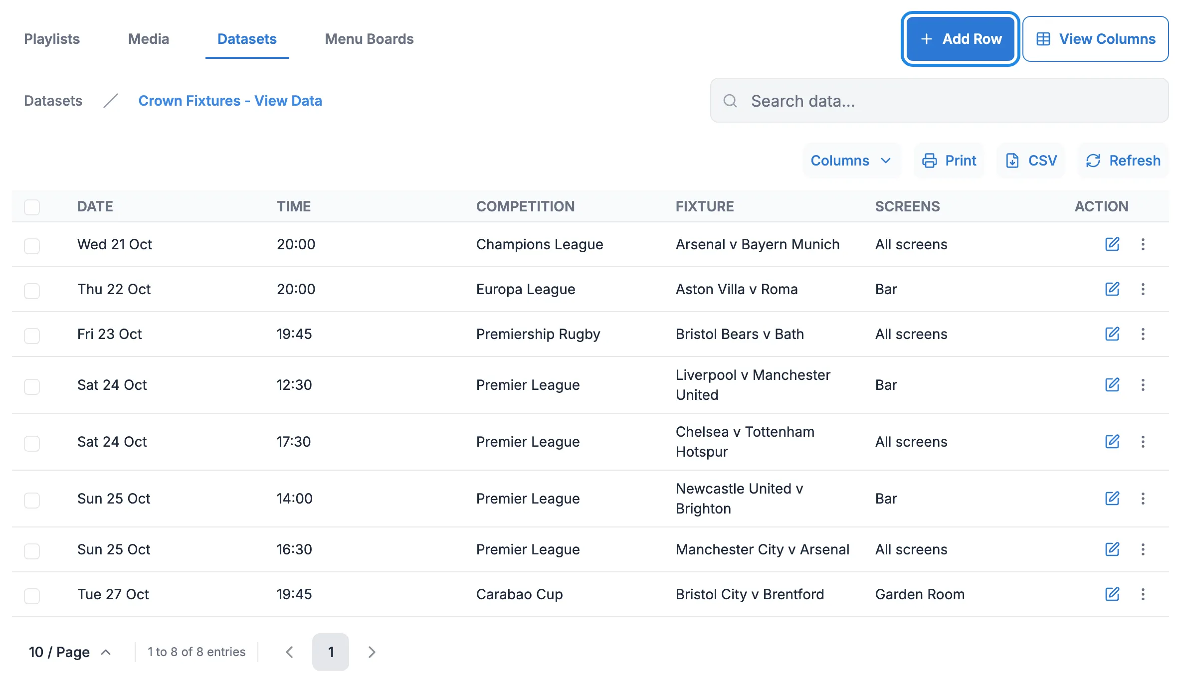 The Crown Fixtures data with the Add Row button outlined
