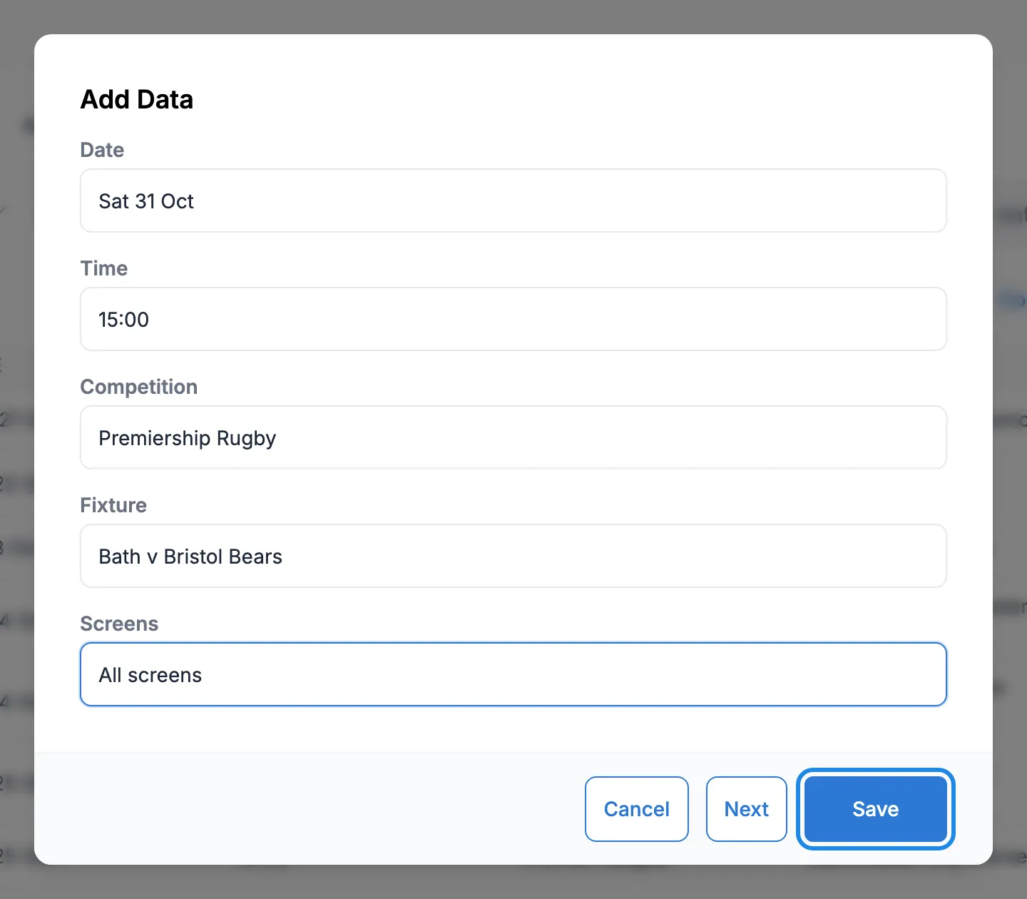 The Add Data window filled in for Sat 31 Oct, 15, Premiership Rugby, Bath v Bristol Bears, All screens