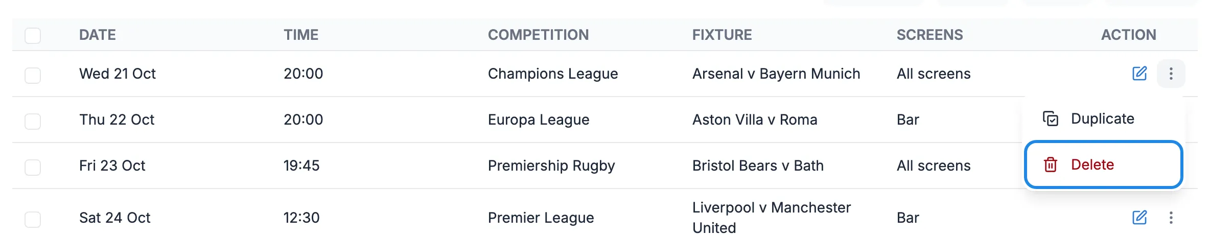 The menu for the Arsenal v Bayern Munich row with Delete outlined