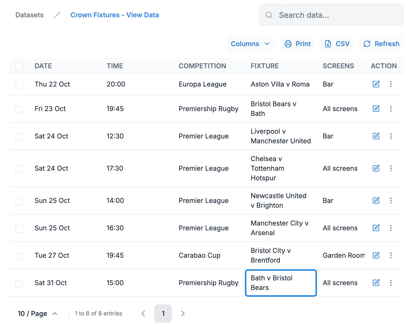 The updated fixtures data with the new Bath v Bristol Bears row outlined