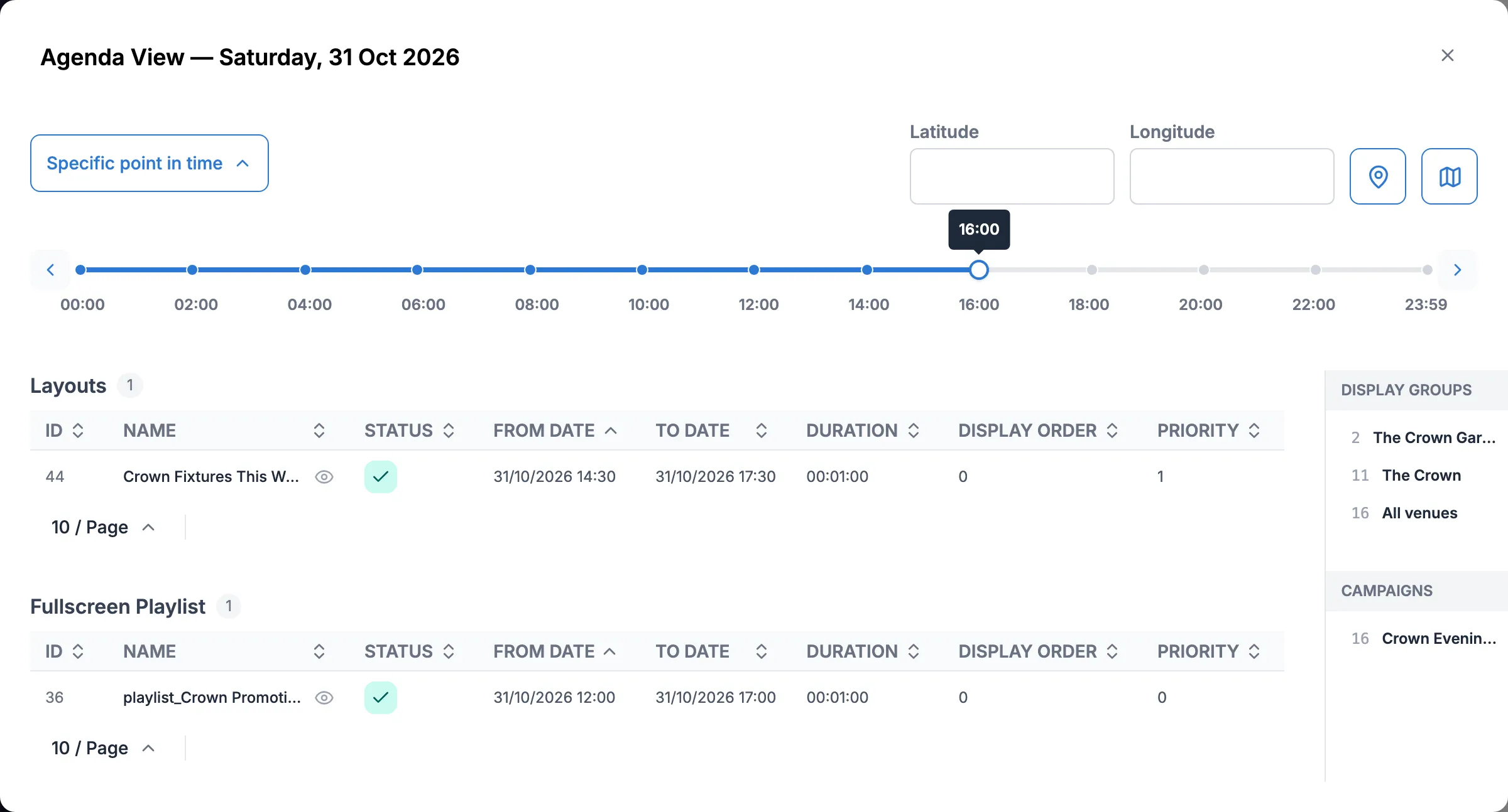 The agenda for The Crown Garden Room at 16 on 31 October, showing Crown Fixtures This Week at priority 1 and the promotions playlist at priority 0