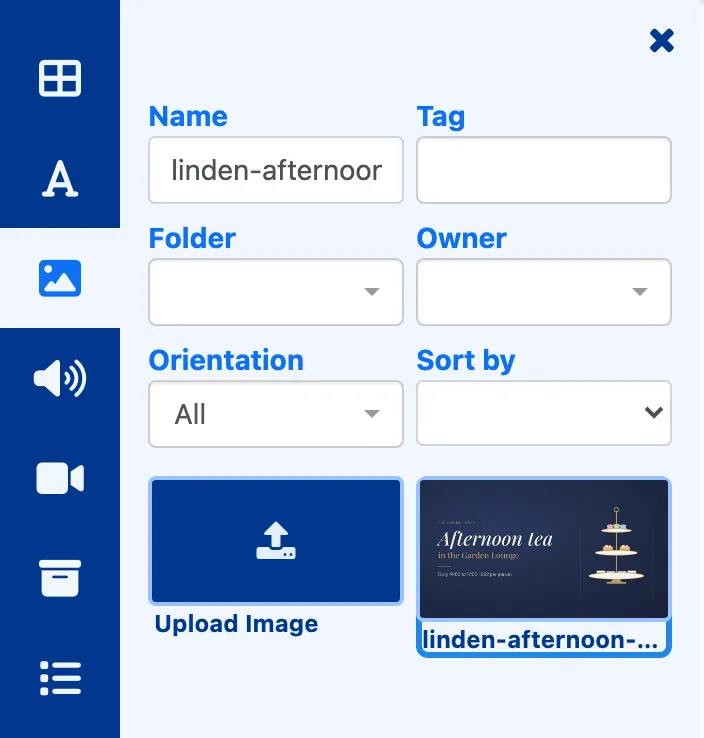The image search in the editor, filtered to linden-afternoon, with the uploaded picture outlined