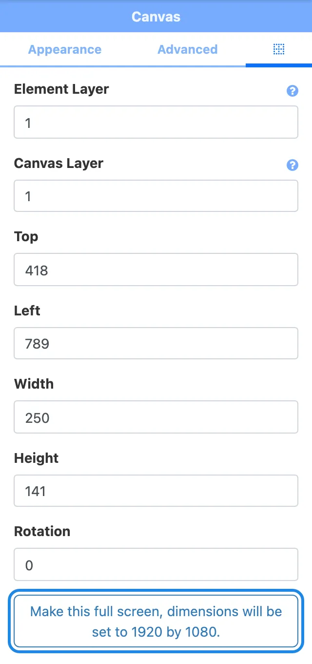 The position tab for the picture, with the Make this full screen button outlined