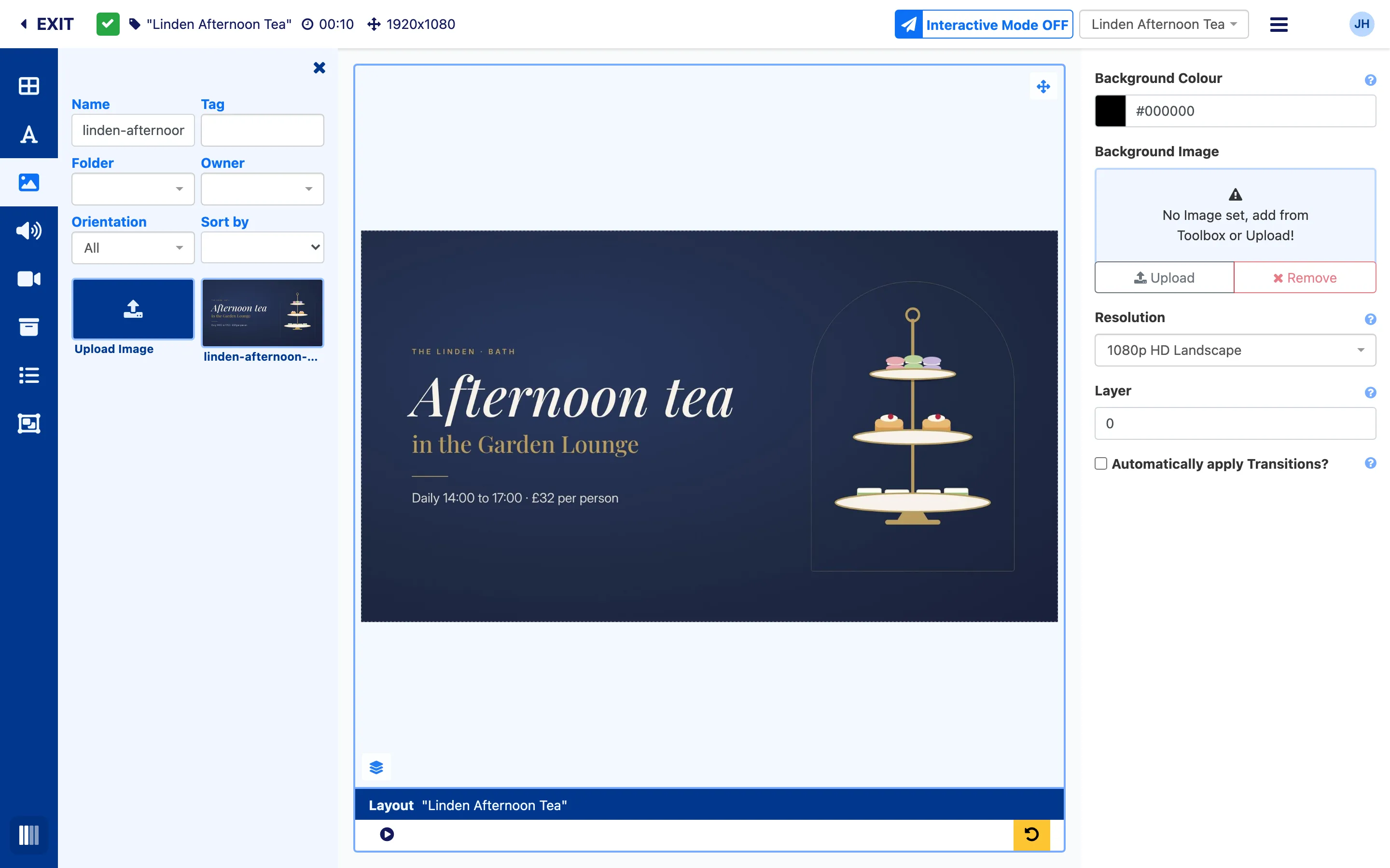 The layout editor with the afternoon tea picture filling the canvas