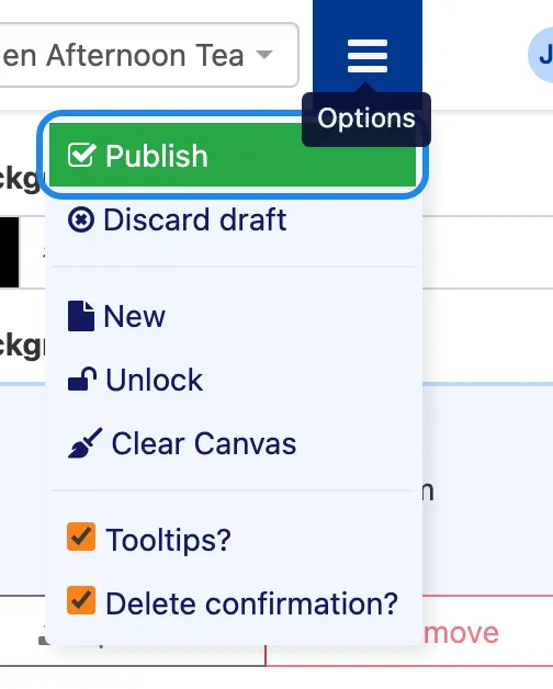 The editor’s Options menu with Publish outlined