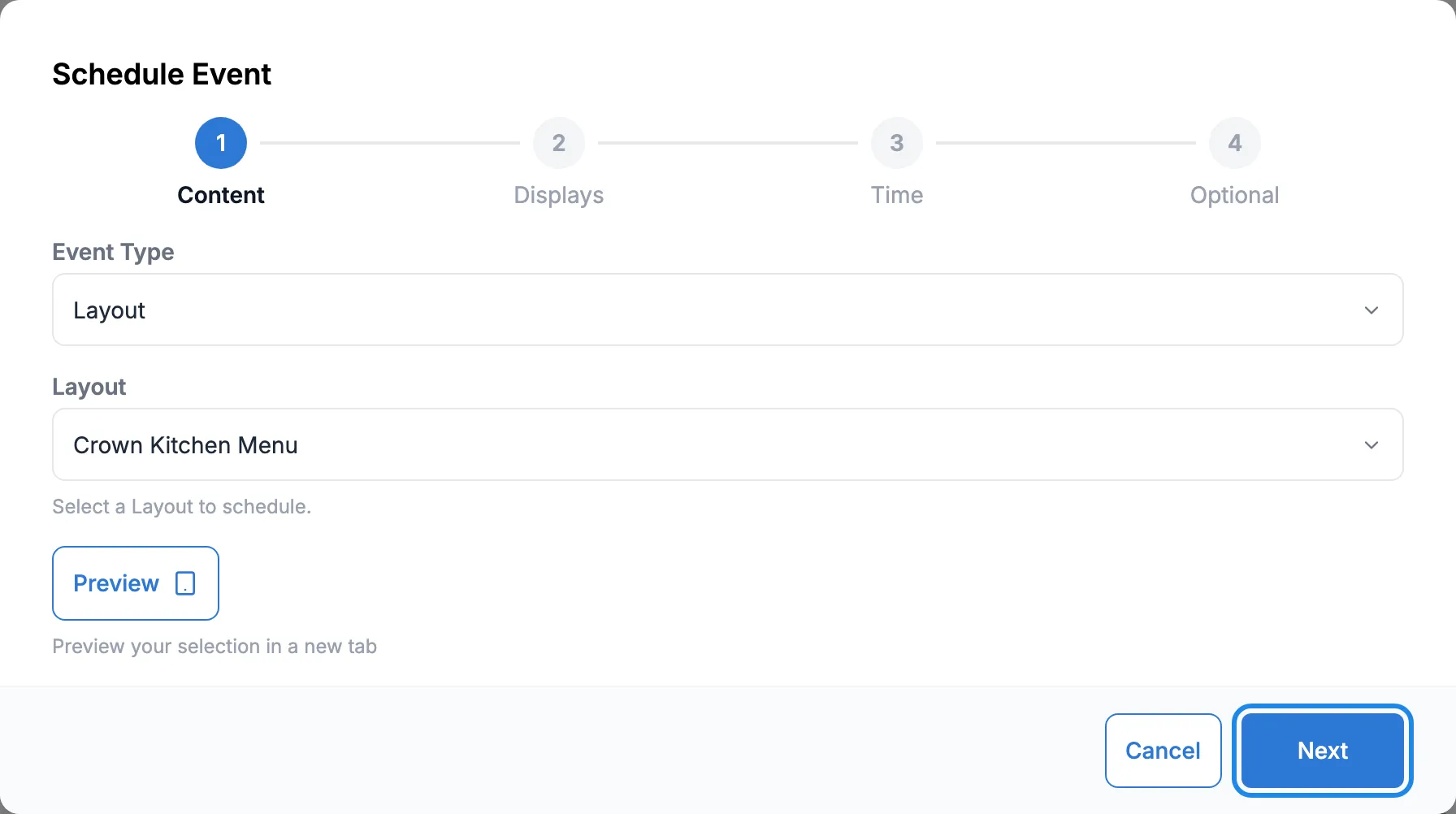 The Content step with Crown Kitchen Menu chosen and the Next button outlined