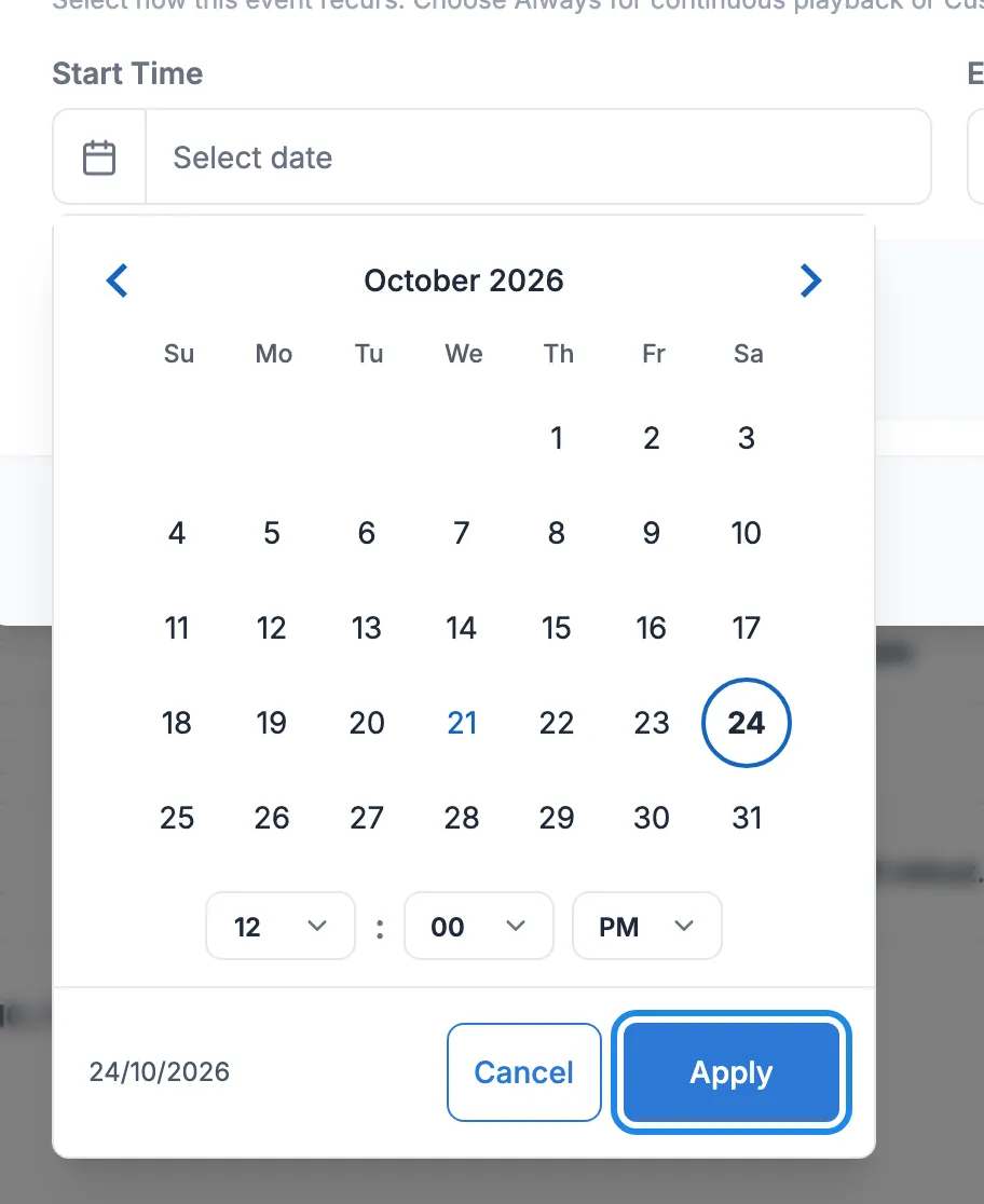 The date picker for Start Time, with 24 October and 12 PM chosen and Apply outlined