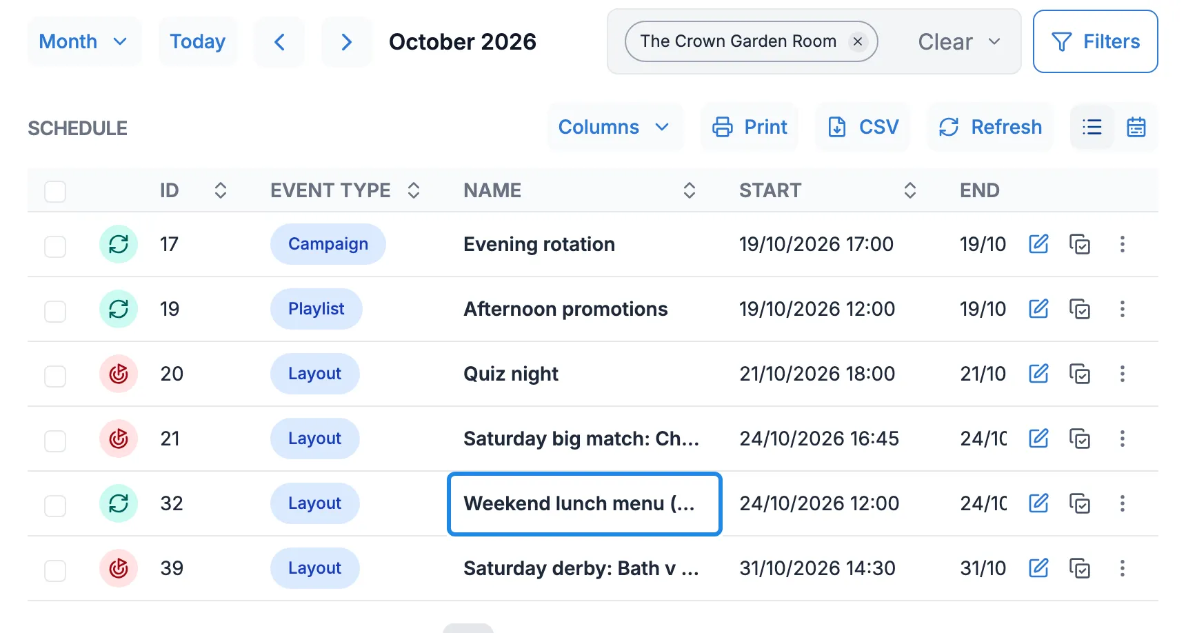 The event list filtered to The Crown Garden Room, with the new Weekend lunch menu event outlined