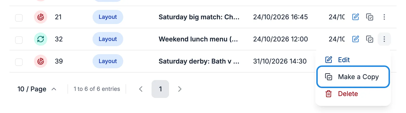 The row menu for the Weekend lunch menu event with Make a Copy outlined
