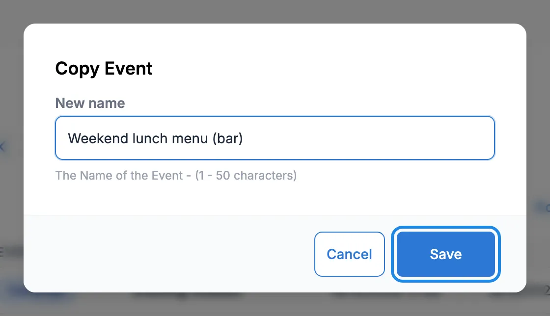 The Copy Event dialog with the new name Weekend lunch menu (bar)