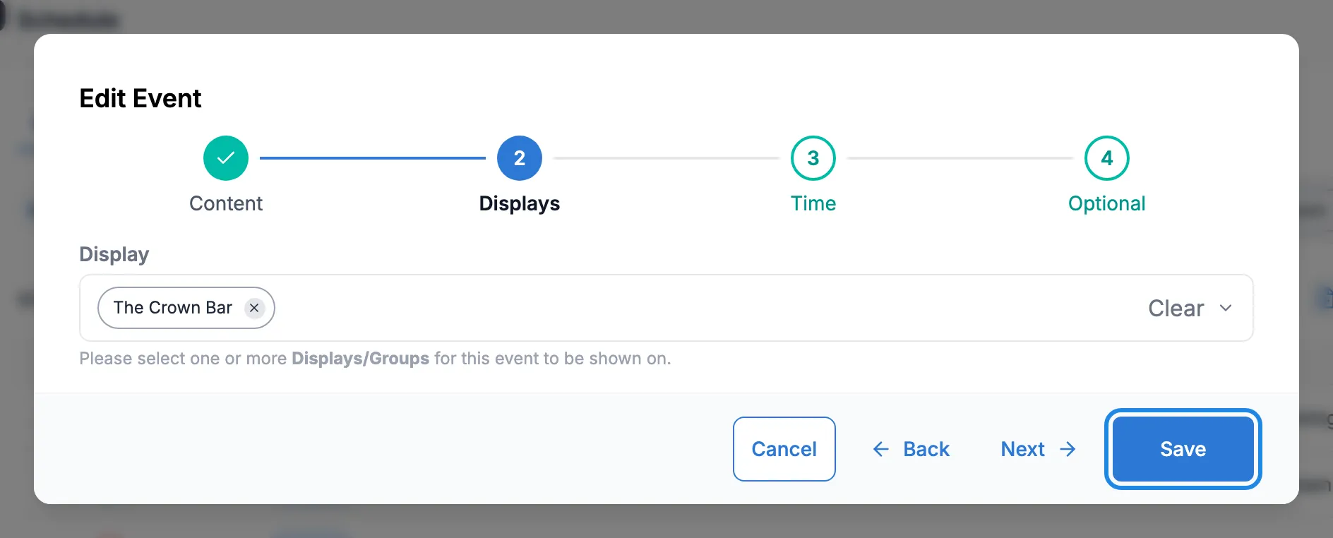 The Displays step of Edit Event with The Crown Bar chosen and Save outlined