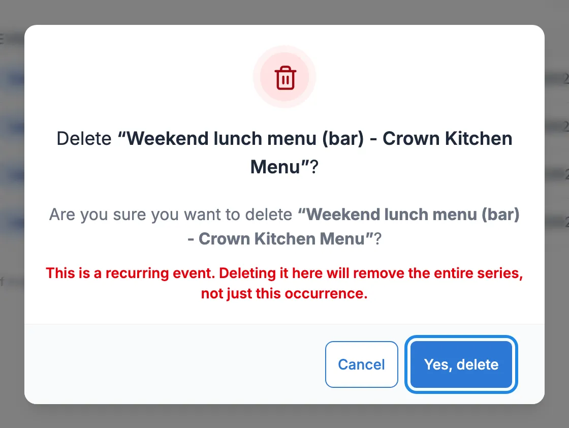 The delete confirmation, warning that deleting a recurring event removes the entire series
