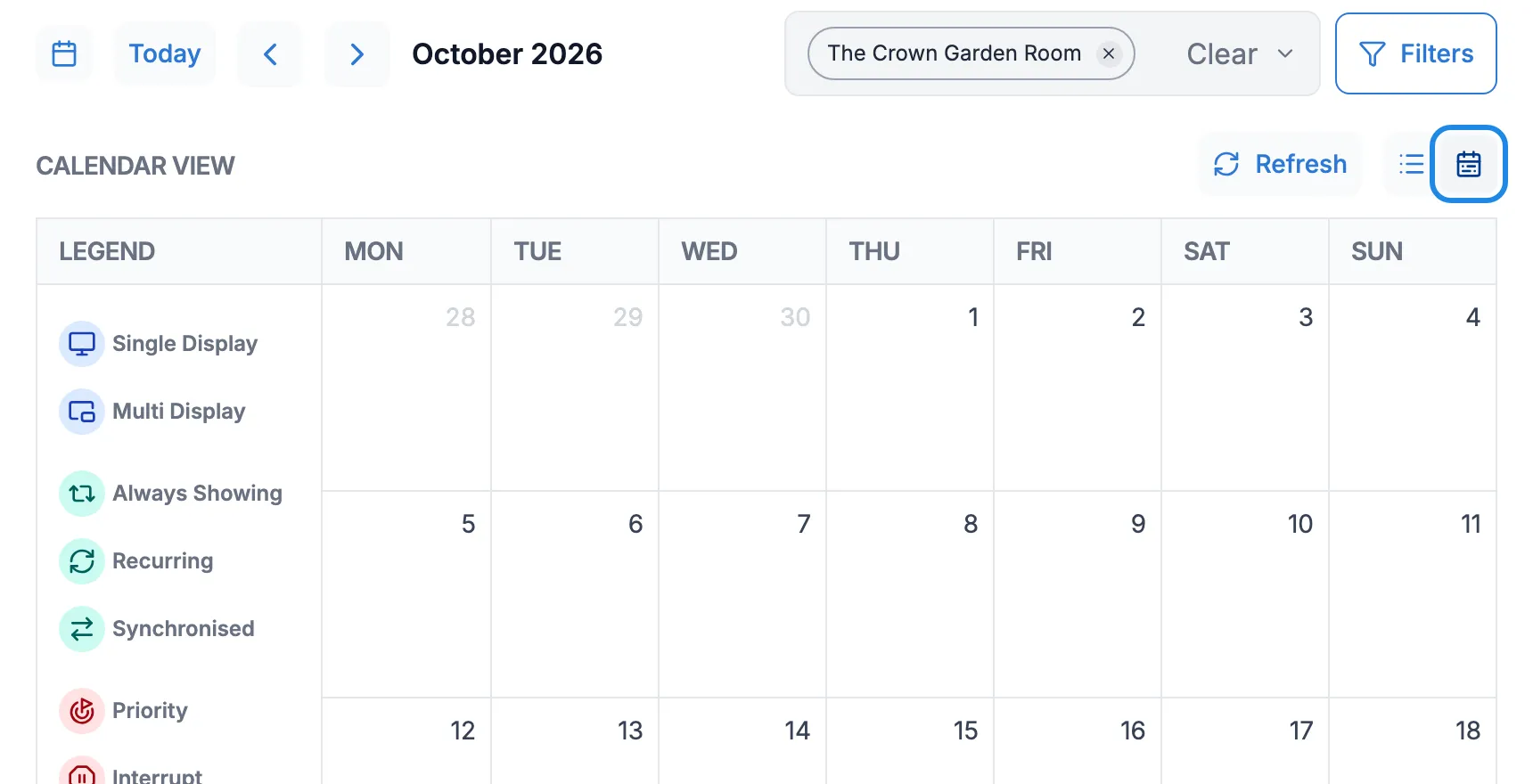 The calendar view for October, filtered to The Crown Garden Room