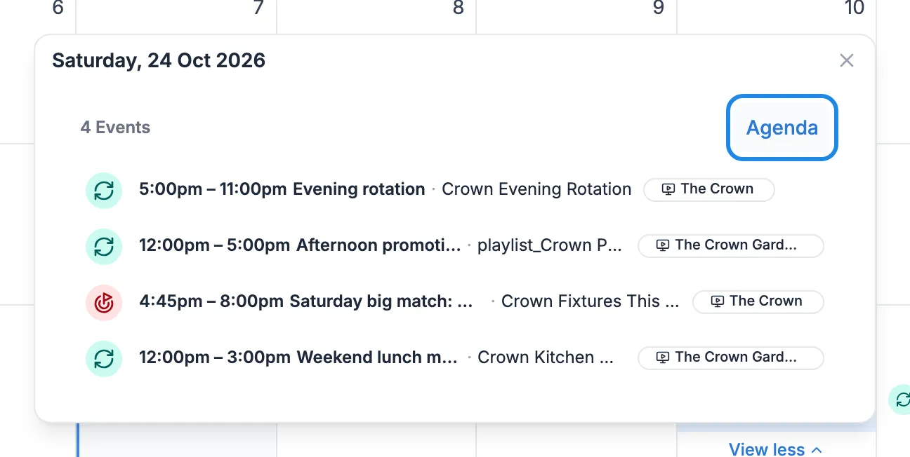 The list of events for Saturday 24 October, with the Agenda button outlined