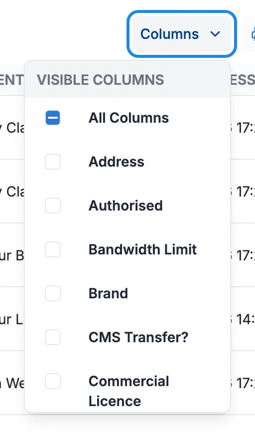 The Columns menu open under Visible Columns, with the Columns button outlined
