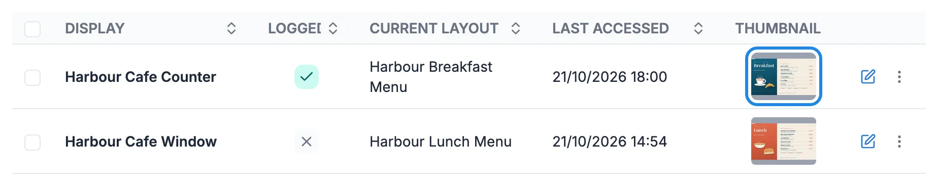 The Thumbnail column on the Displays page with one screen’s picture outlined