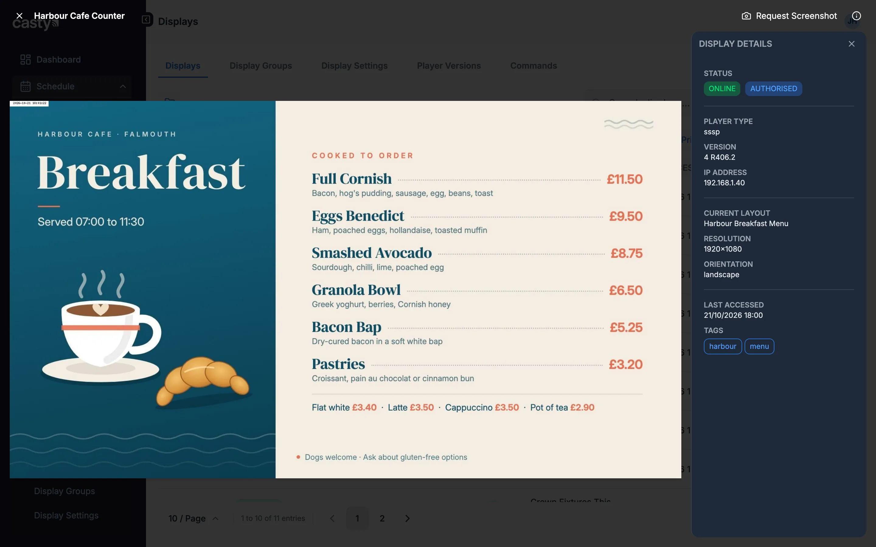 The screenshot viewer for Harbour Cafe Counter, showing the breakfast menu, with the Display Details panel open