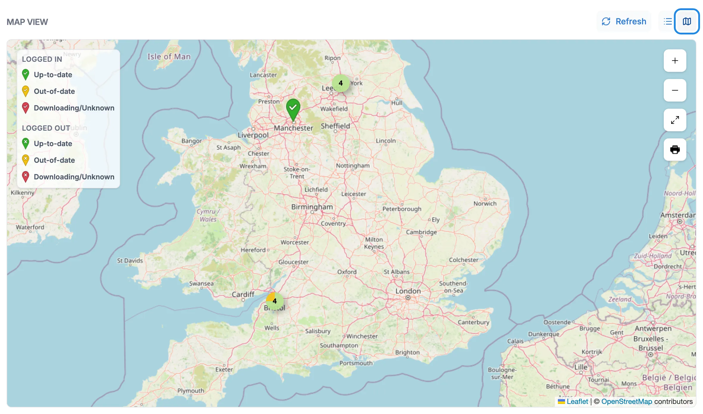 The map view of England with pins and numbered circles for the venues, and the key for logged in and logged out screens