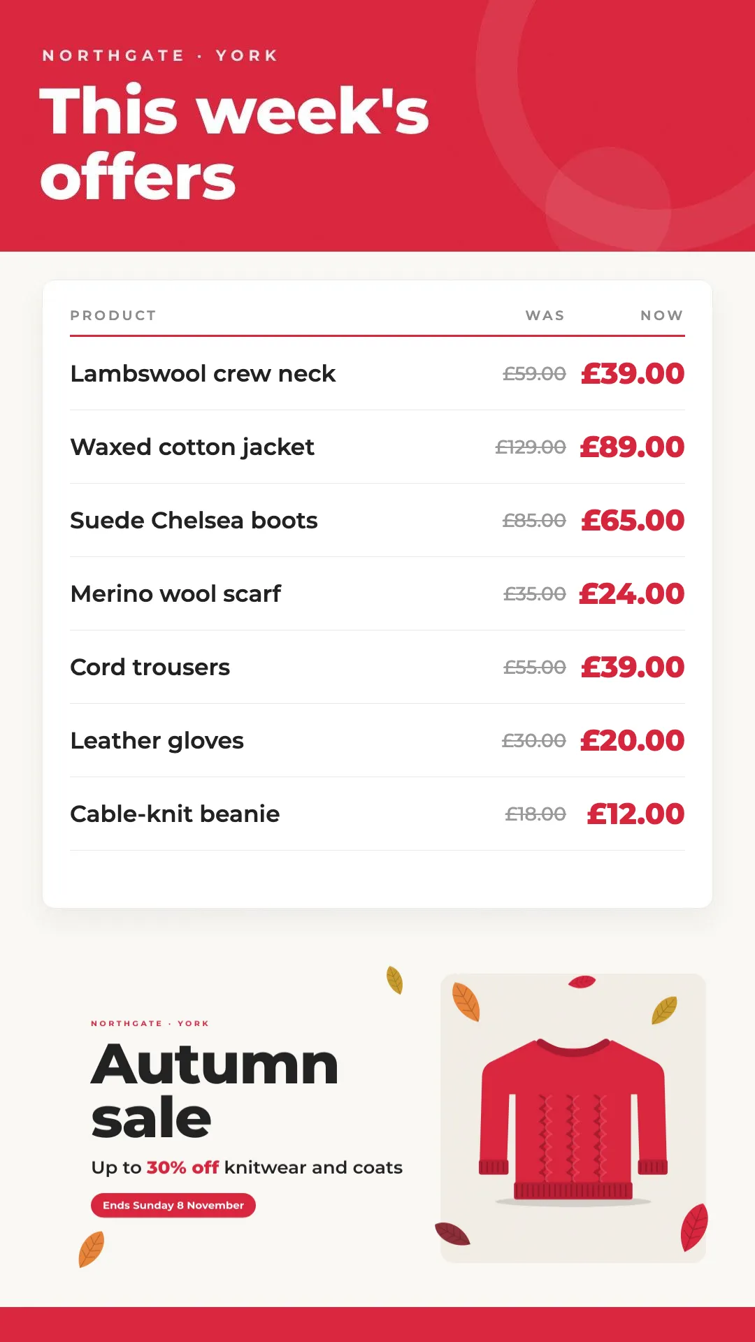 The finished offers layout in portrait: This week’s offers, seven products with was and now prices, and an autumn sale panel