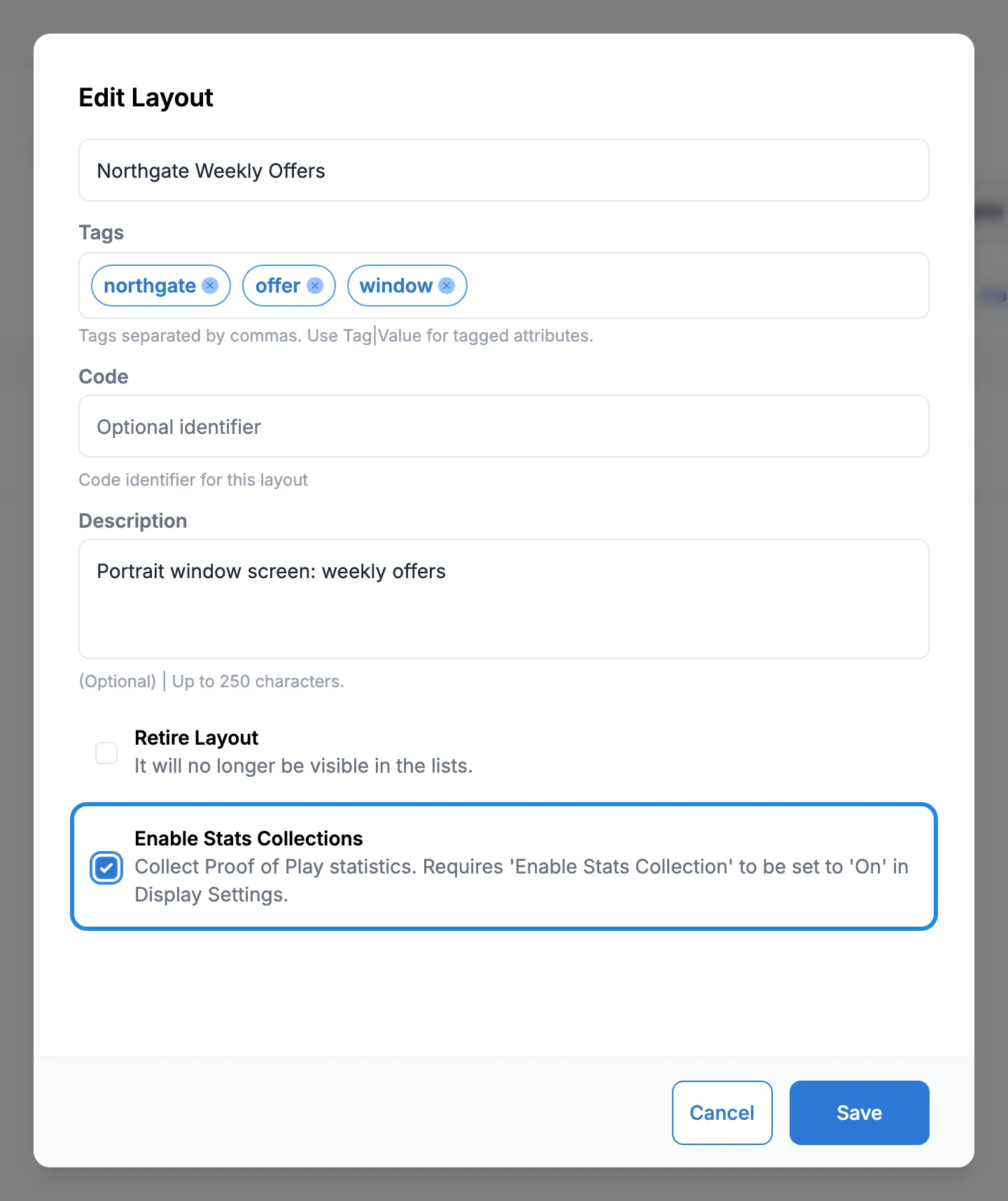 The Edit Layout window for Northgate Weekly Offers with Enable Stats Collections ticked